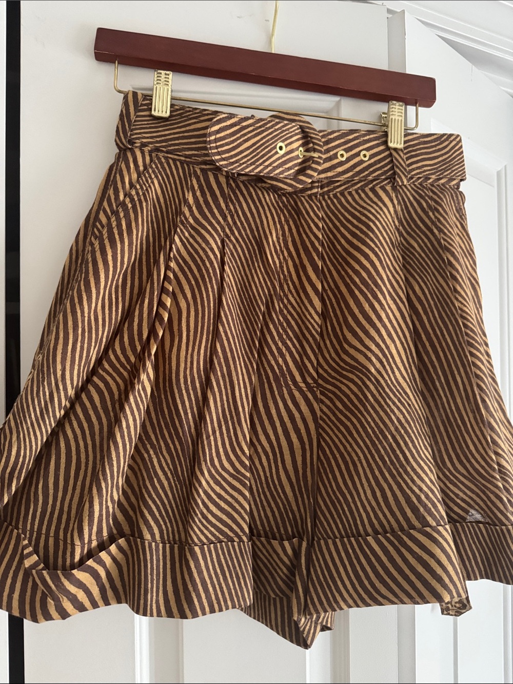 Zimmermann Brown and Tan Zebra-Stripe Pleated Skater Skirt with Belt